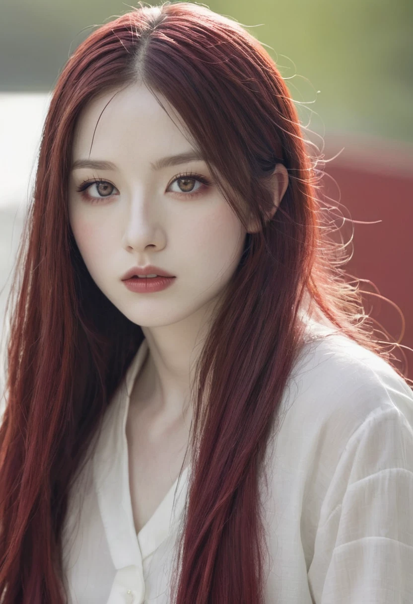White skin, Red eyes, marked jaw, high, very long red hair 