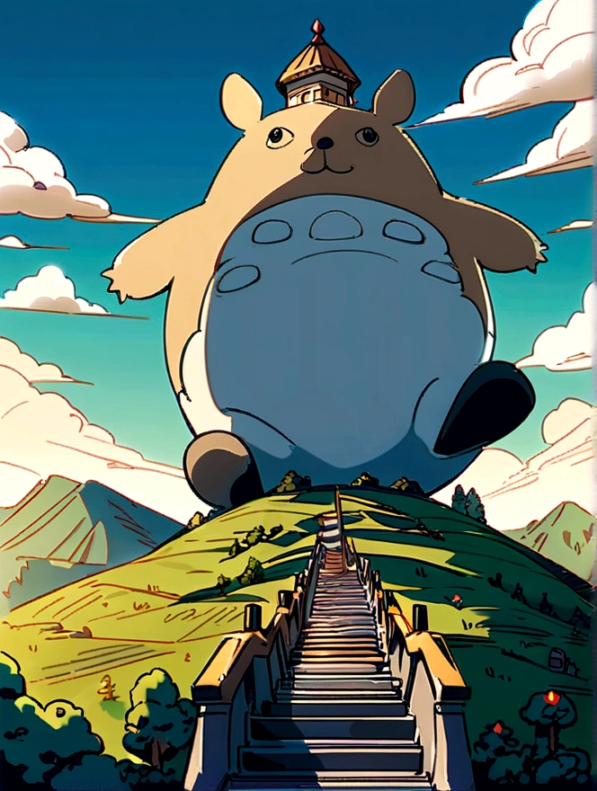 Prefeito, nature landscape, big mountain with stairs leading up to totoro like character, small girl standing before the stairs, clear blue sky with clouds