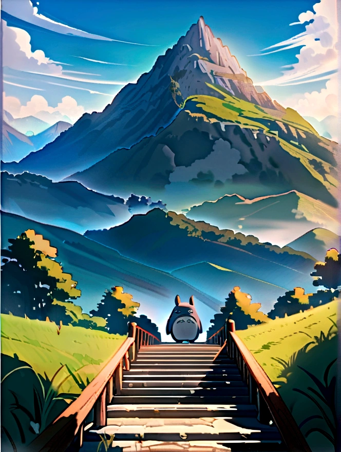 Prefeito, nature landscape, big mountain with stairs leading up to totoro like character, small girl standing before the stairs, clear blue sky with clouds