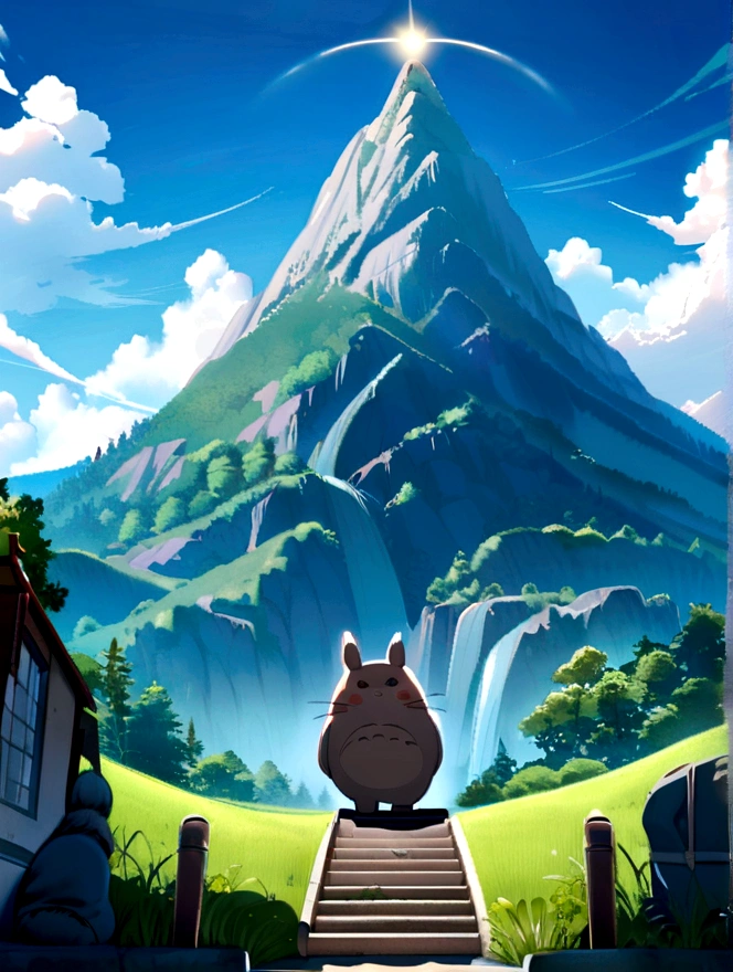 Prefeito, nature landscape, big mountain with stairs leading up to totoro like character, small girl standing before the stairs, clear blue sky with clouds