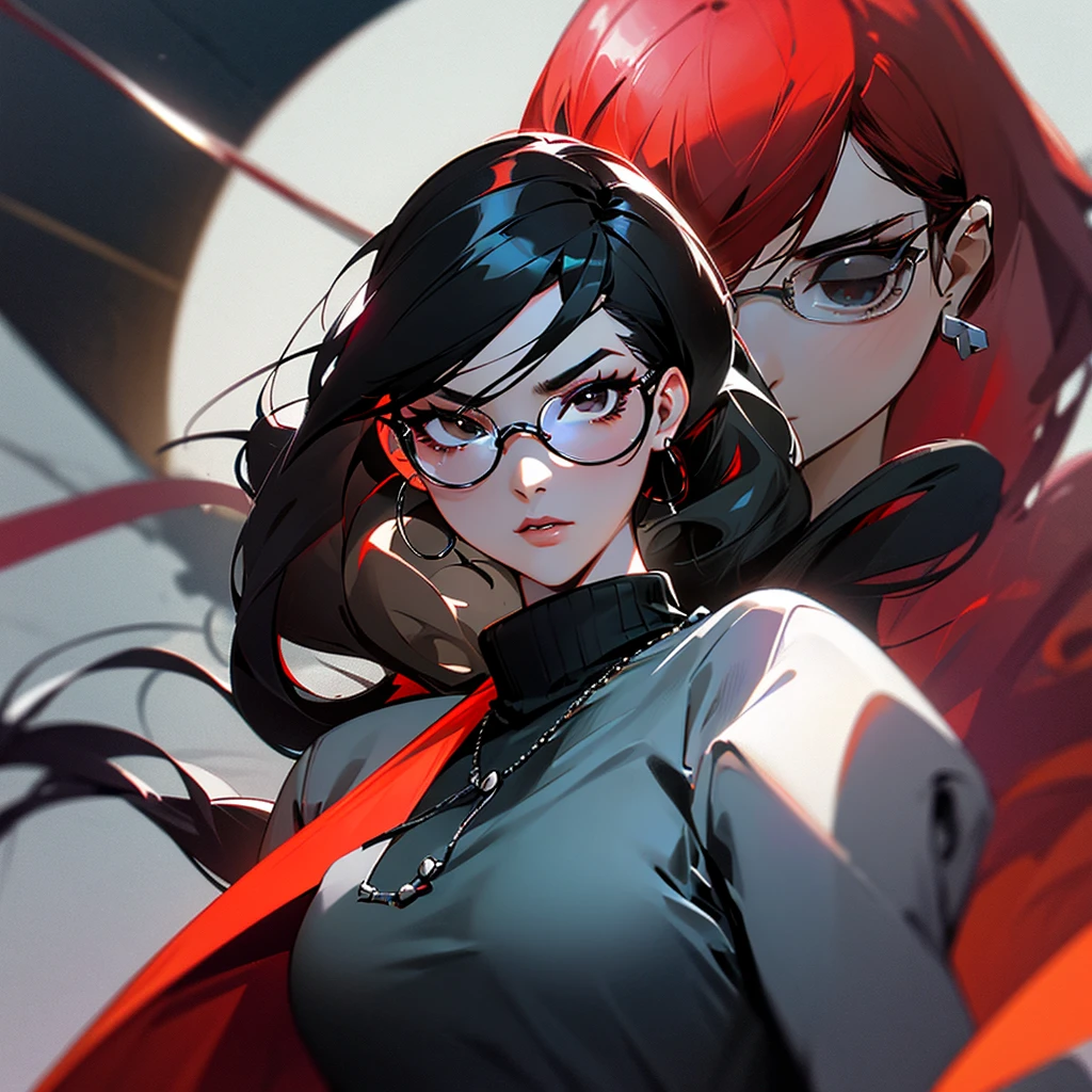 screenshot, screencap, facial features of an adult, Black eyes, adult, female, She wears flat Oakley glasses, she has long wavy Black hair with Red streaks at the ends, she has a little eyeliner on her eyelashes, She wears accessories such as: earrings, necklaces all silver, she has a neutral expression, She wears a black polyester turtleneck.