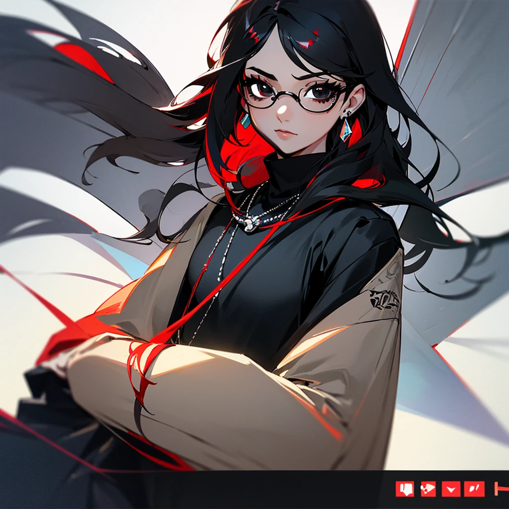 screenshot, screencap, facial features of an adult, Black eyes, adult, female, She wears flat Oakley glasses, she has long wavy Black hair with Red streaks at the ends, she has a little eyeliner on her eyelashes, She wears accessories such as: earrings, necklaces all silver, she has a neutral expression, She wears a black polyester turtleneck.