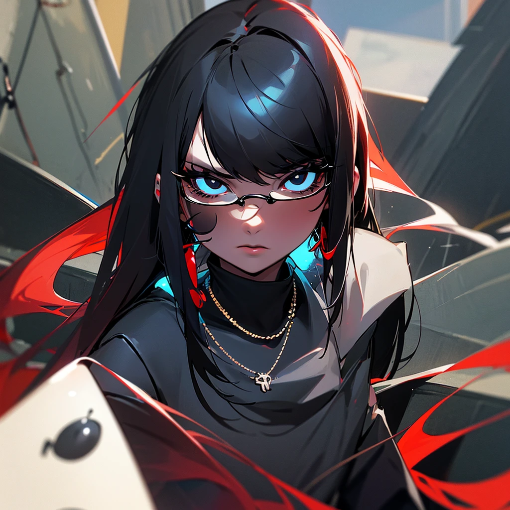 screenshot, screencap, facial features of an adult, Black eyes, adult, female, She wears flat Oakley glasses, she has long wavy Black hair with Red streaks at the ends, she has a little eyeliner on her eyelashes, She wears accessories such as: earrings, necklaces all silver, she has a neutral expression, She wears a black polyester turtleneck.