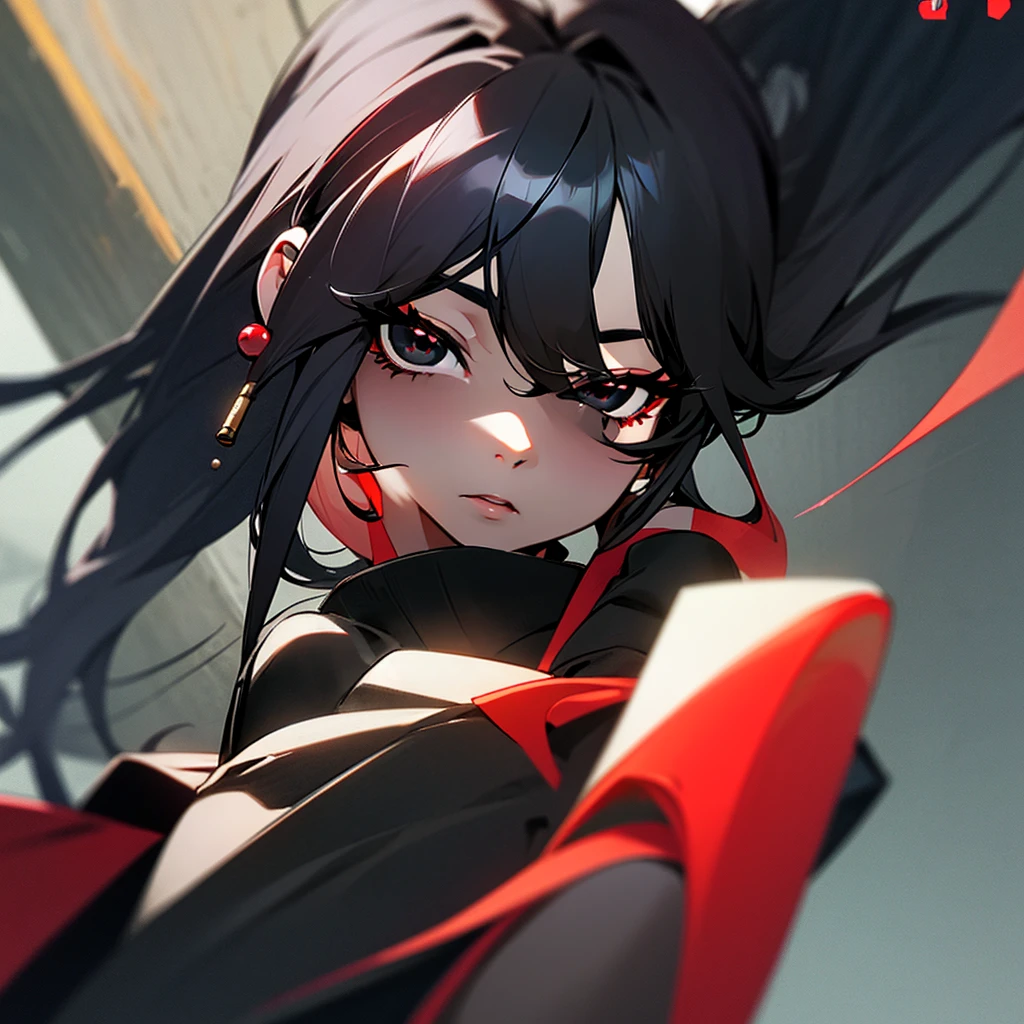 screenshot, screencap, facial features of an adult, Black eyes, adult, female, She wears flat Oakley glasses, she has long wavy Black hair with Red streaks at the ends, she has a little eyeliner on her eyelashes, She wears accessories such as: earrings, necklaces all silver, she has a neutral expression, She wears a black polyester turtleneck.