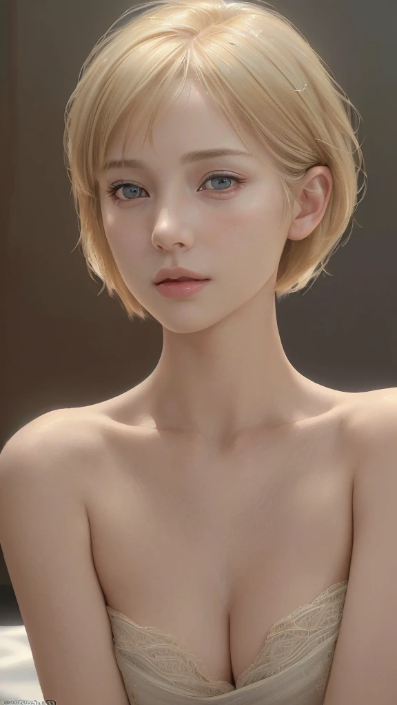 standing, 1girl, teenage, nude, pale skin, shiny emerald green eyes, cute, skinny, flat chest, from front, blonde hair bun, bangs, tsurime, eyeball, glowing eyes, scowl, Hyperrealism, Realism, cinematic lighting, UHD, masterpiece, accurate, textured skin, anatomically correct, super detail, high details, high quality, highres, best quality, 16k