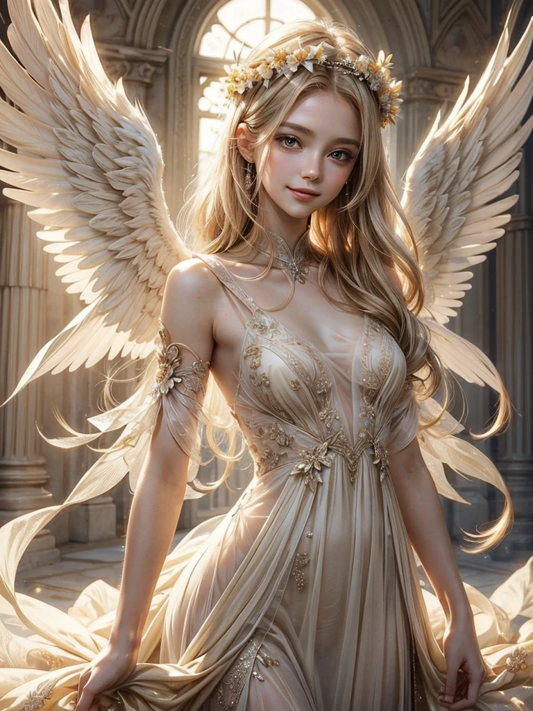 ( Anatomy is quite accurate ) One is wearing a beige gauze dress、With wings、Woman with beige light blond hair wearing flower crown( perfect ??????? )  Translucent wings, Beautiful angel wings,Extremely detailed close up of smiling female angel in flowing gauze dress elegant、Beautiful masterpieces, meticulous depictions, extremely delicate works of art, ultra-precision art,Stunning digital art