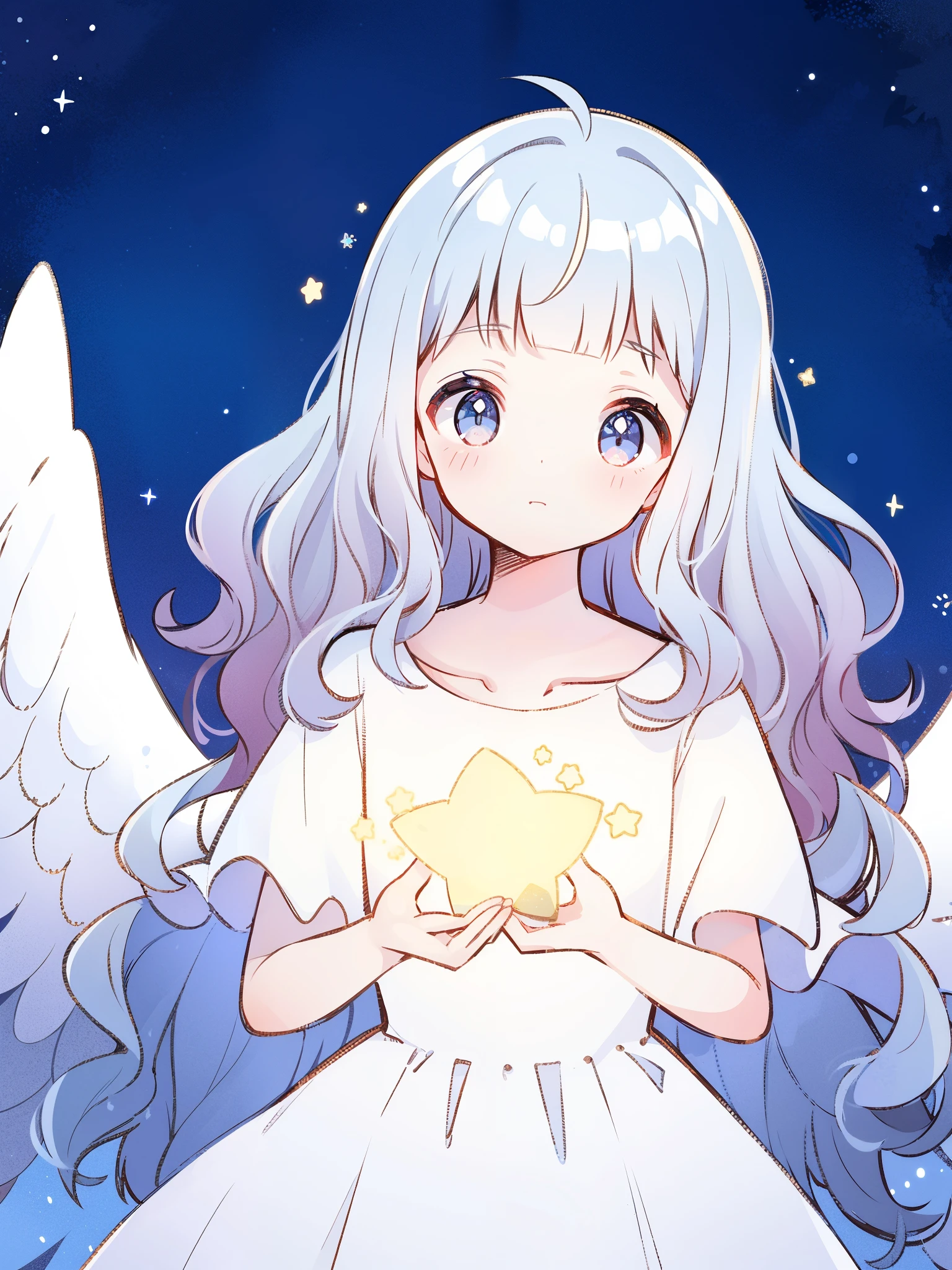 angel girl wearing an ethereal white dress made of feathers, pale skin, ((blue gradient wavy hair)), white feathers, angel wings, sparkling detailed eyes, golden ratio face, perfect composition, highly detailed, ethereal, (starry night sky background), midjourney style