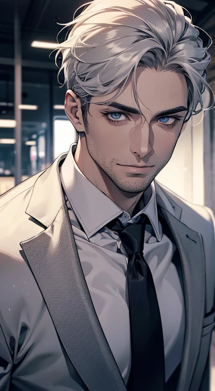 (best quality,4k,8k,highres,masterpiece:1.2),ultra-detailed,(realistic,photorealistic,photo-realistic:1.37),1 man,31 years old,mature man,very handsome,without expression,smile,short grey white hair,blue eyes,penetrating gaze,perfect face without errors,imposing posture,businessman,office background,cinematic lighting,hdr image