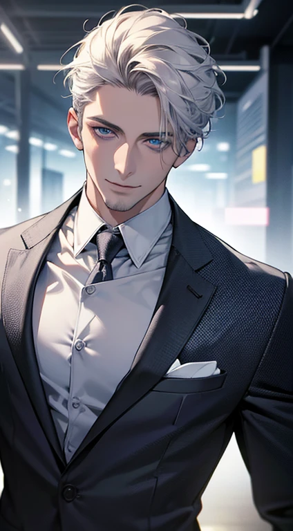 (best quality,4k,8k,highres,masterpiece:1.2),ultra-detailed,(realistic,photorealistic,photo-realistic:1.37),1 man,31 years old,mature man,very handsome,without expression,smile,short grey white hair,blue eyes,penetrating gaze,perfect face without errors,imposing posture,businessman,office background,cinematic lighting,hdr image