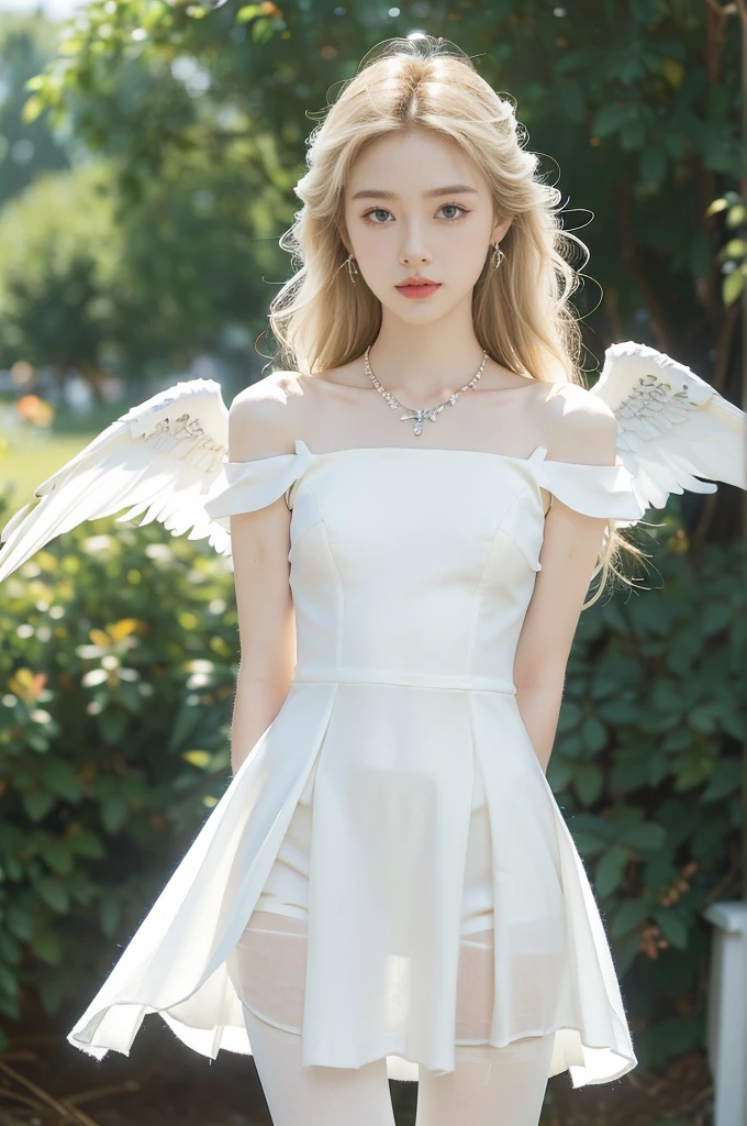 (((best quality))), (((ultra detailed))), (((masterpiece))), illustration,((1 beautiful little girl,solo,angel)),((fair skin,shoulder length straight blonde hair,blue eyes)),(earrings,crystal necklace),((slim,thin,small breasts,flat chest)),joyful expression,(white wings:1.3),(flowing short-sleeved white sheer dress:1.3),((In heaven, garden setting)), vibrant flowers,(colorful flowers:1.3),lush grass, gentle breeze, (clear sky, fluffy clouds, shining sun),((from front,standing,upper body,arms behind back)),((slender legs,pantyhose))