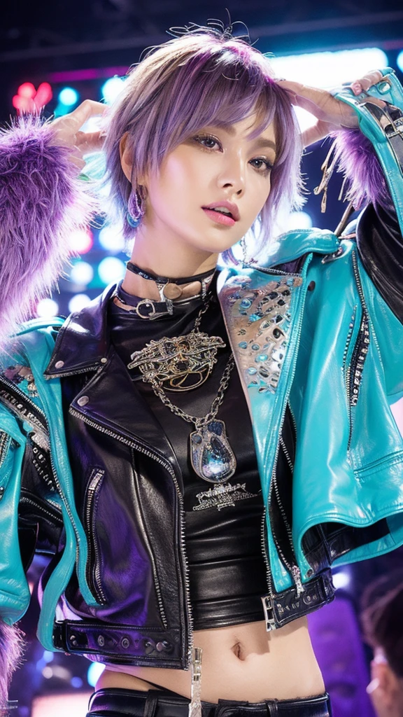(lifelike, high resolution:1.3), close up,A woman with short hair that transitions from turquoise to violet,Wearing a boldly cut leather jacket,Eyes as sharp as a knife,Full body shot,The tassels on the clothes sway gently with the movement,Metal sculptures are arranged around the,And transparent bubble-like objects,Together they built a strange surreal world。