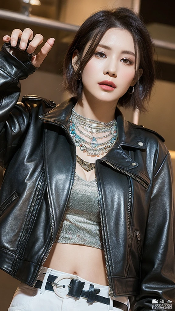 (lifelike, high resolution:1.3), close up,A woman with short hair that transitions from turquoise to violet,Wearing a boldly cut leather jacket,Eyes as sharp as a knife,Full body shot,The tassels on the clothes sway gently with the movement,Metal sculptures are arranged around the,And transparent bubble-like objects,Together they built a strange surreal world。