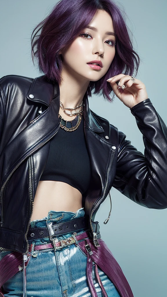 (lifelike, high resolution:1.3), close up,A woman with short hair that transitions from turquoise to violet,Wearing a boldly cut leather jacket,Eyes as sharp as a knife,Full body shot,The tassels on the clothes sway gently with the movement,Metal sculptures are arranged around the,And transparent bubble-like objects,Together they built a strange surreal world。