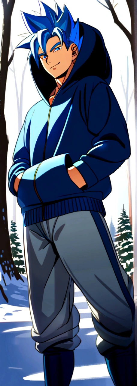 1 man, mid 20s, handsome, hot, (Saiyan spiky hair),(Silver blue ombre hair), (Blue jacket with fluffy hood, blue belt, martial arts pants), snowy forest, ray tracing, (hands in pockets, slight smile)