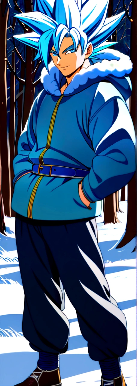 1 man, mid 20s, handsome, hot, (Saiyan spiky hair),(Silver blue ombre hair), (Blue jacket with fluffy hood, blue belt, martial arts pants), snowy forest, ray tracing, (hands in pockets, slight smile)