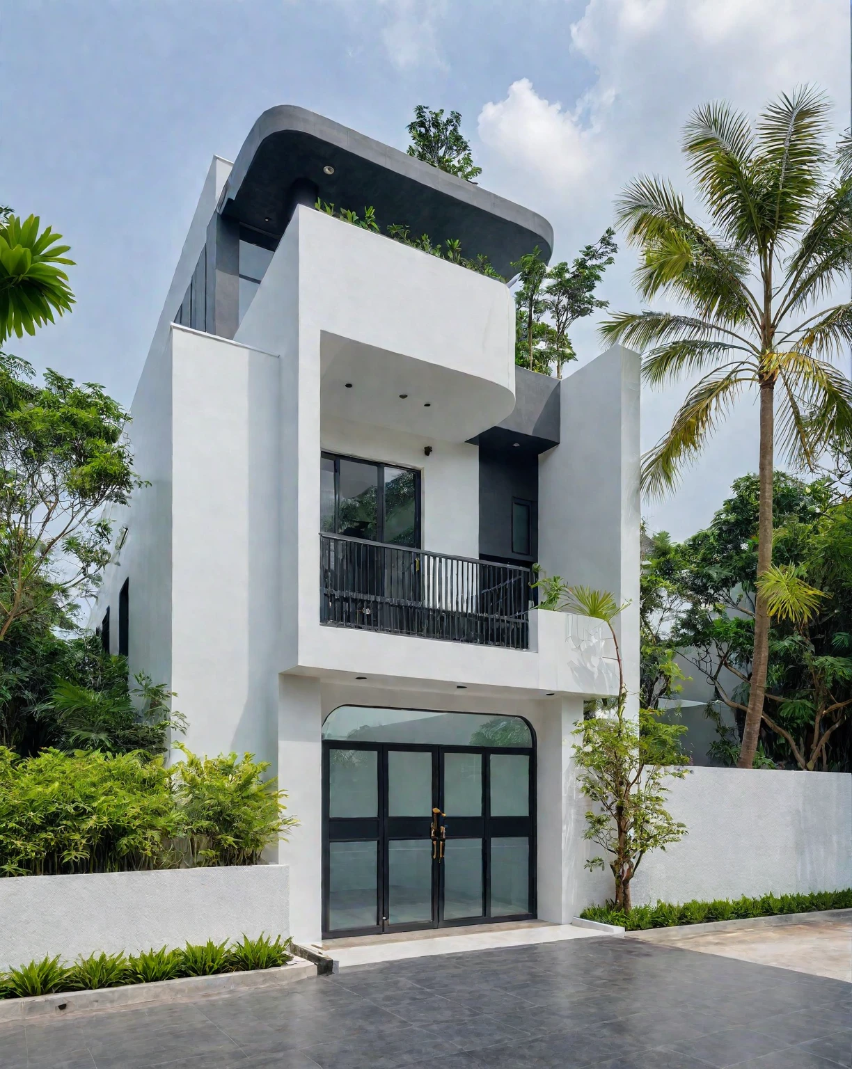 RAW photo, a photo of a modern villa, sidewalk, sidewalk trees, steel gate, road, viet nam modern residence, a car parked in front of it, rough white wall, new residential area, wide angle exterior 2022, contemporary house, exterior photography, masterpiece, contemporary architecture, overcast, indirect lighting