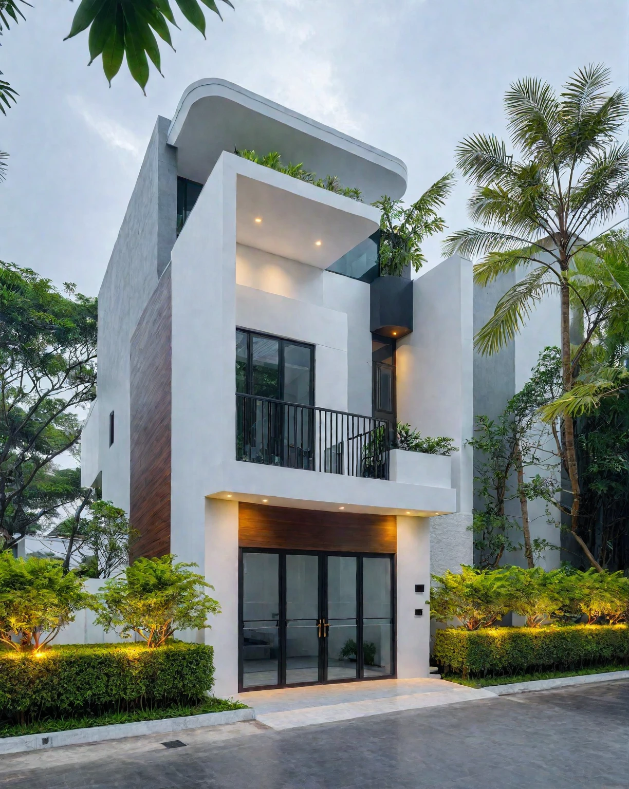 RAW photo, a photo of a modern villa, sidewalk, sidewalk trees, steel gate, road, viet nam modern residence, a car parked in front of it, rough white wall, new residential area, wide angle exterior 2022, contemporary house, exterior photography, masterpiece, contemporary architecture, overcast, indirect lighting