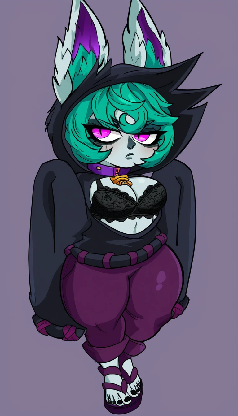 VexLoLXL, yordle, shortstack, pink eyes, green hair, bangs, short hair, grey skin, colored skin, black hood, hood up, ears through headwear, white animal ears, black shirt, purple collar, golden ornament, long sleeves, sleeves past wrists, purple pants, sandals, solo Bondage, clothes rolled up, bra pulled down, black lace bra, , big , rubbing