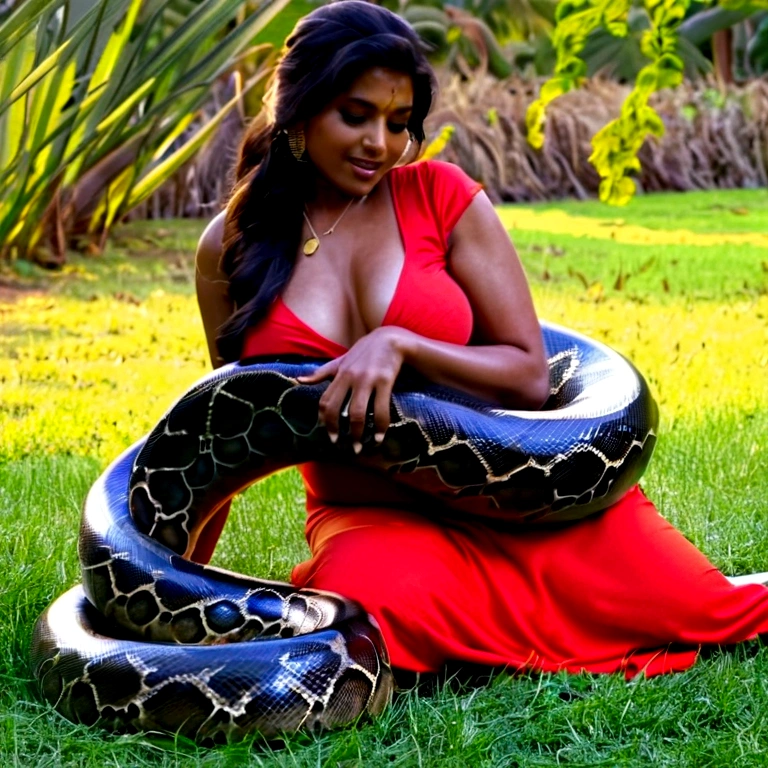 Pregnant Happy Horny, aroused 1girl), beautiful kneeling indian young girl with giant colossal black titanboa squeezing her hard, wrapped in thick spiraling coils, constricted, struggle, gasping for air, snake attack, snake peril, moonless night, dim light