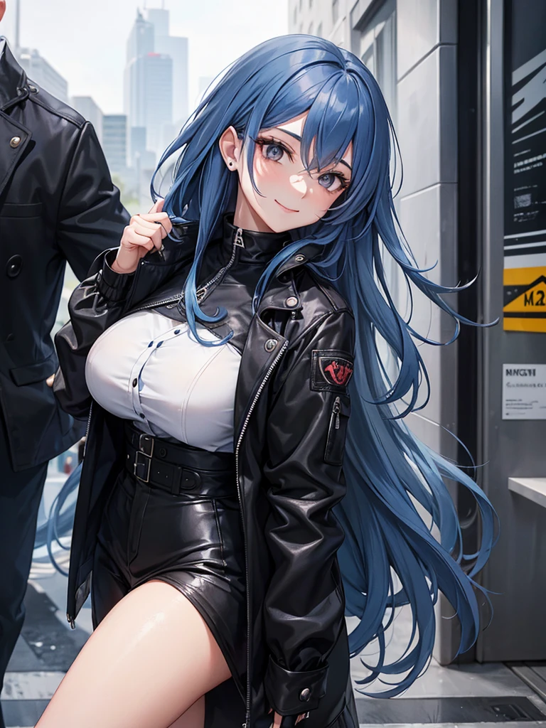 woman, long curry wavy steel blue hair, dark gray black eyes, independent woman, kind smile. mature woman. mafia. wear jacket. girl boss.