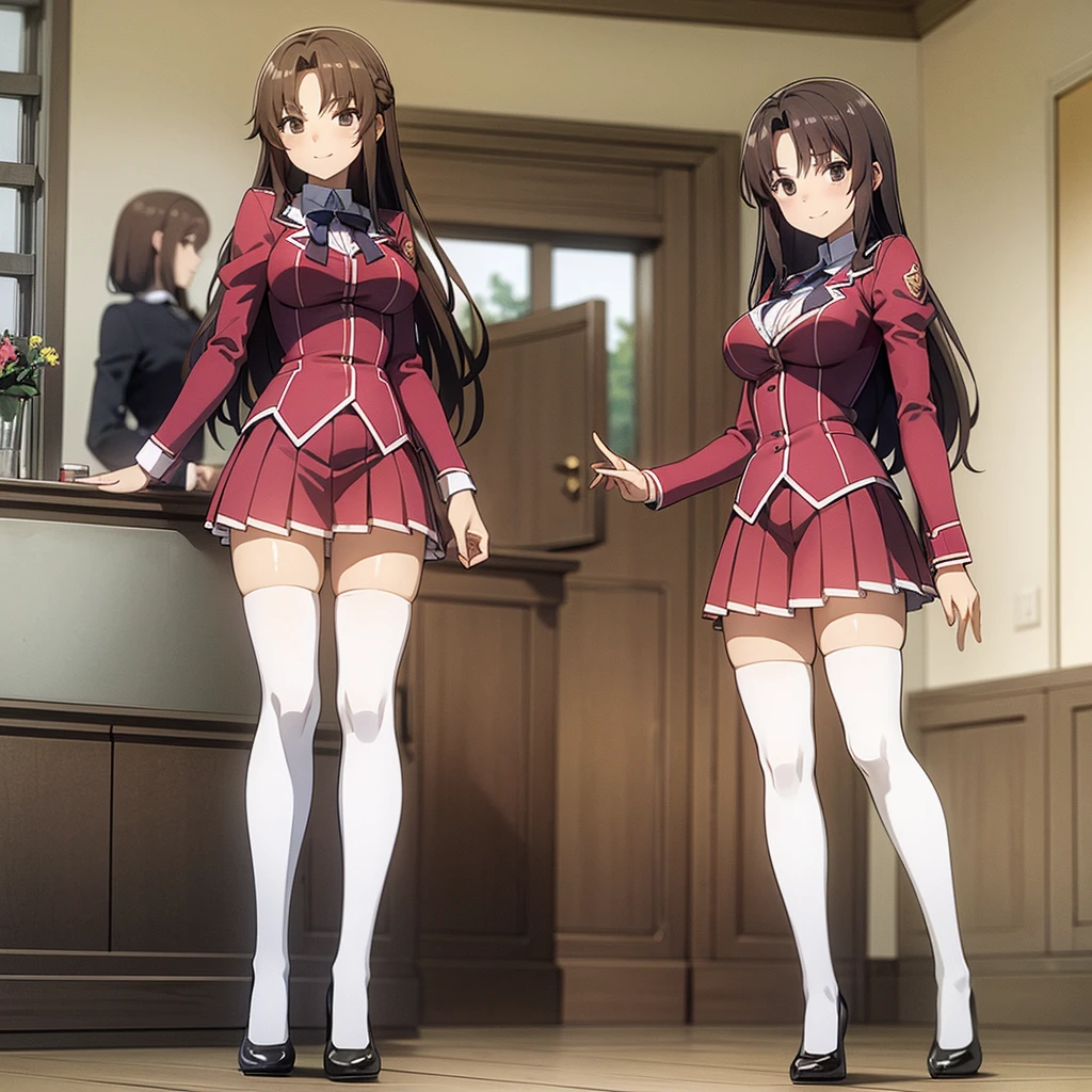Masterpiece, high quality, 2girls, duo, identical twins, identical sisters, brown hair, curly hair, matching hairstyles, hazel eyes, medium sized bust, (school uniform, sexy school uniform, blazer, lace section, ribbon, rainbow short skirt, white thigh-high socks, black high heels, matching outfits), smile, flat_color, full body, seductive pose, duo pose