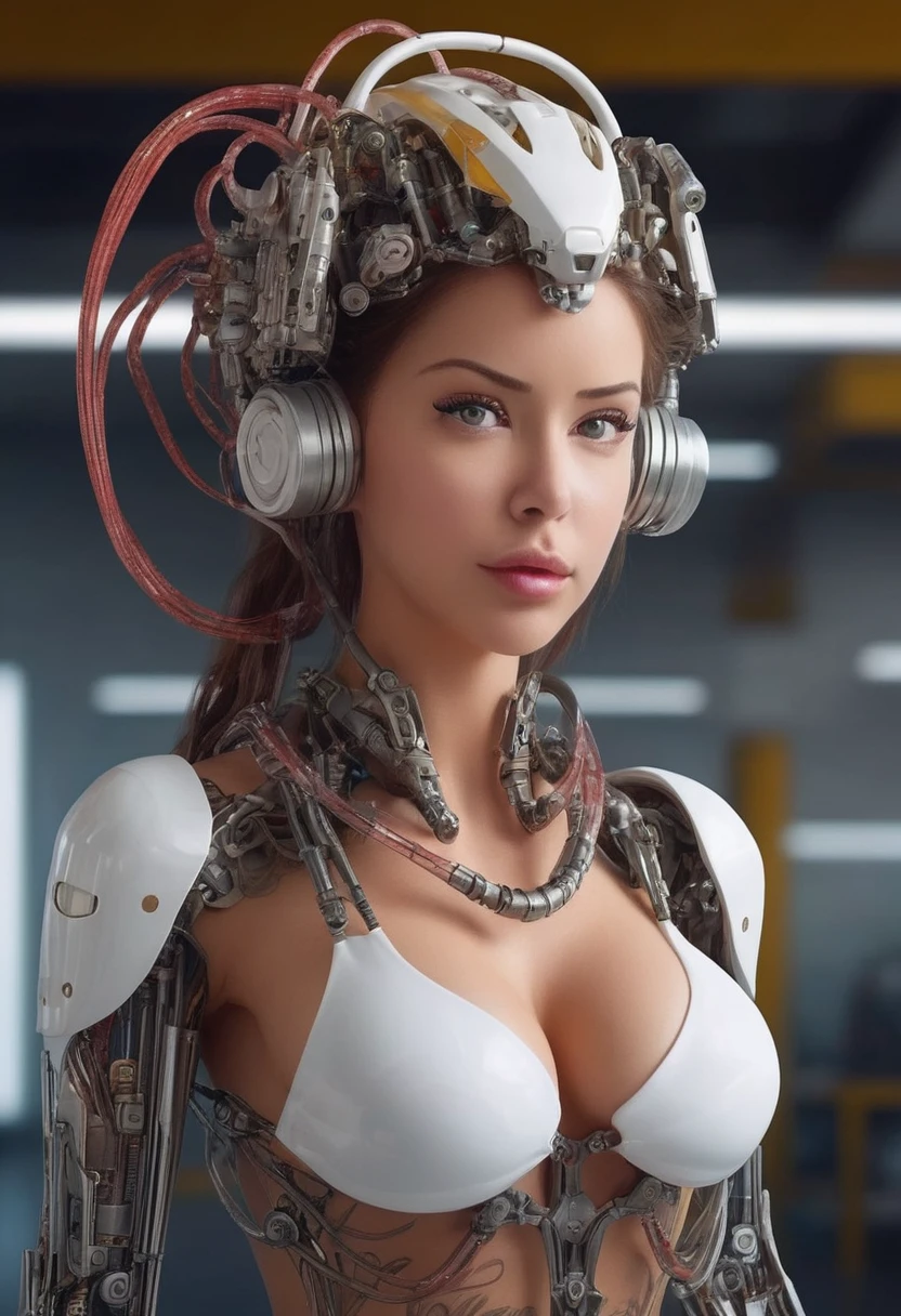 (((masterpiece))), (((best quality))), ((ultra-detailed)), (highly detailed CG illustration), ((an extremely delicate and beautiful)),(from side),cinematic light,((1mechanical girl)),solo,full body,(machine made joints:1.2),((machanical limbs)),(blood vessels connected to tubes),(mechanical vertebra attaching to back),((mechanical cervial attaching to neck)),(sitting),expressionless,(wires and cables attaching to neck:1.2),(wires and cables on head:1.2)(character focus),science fiction,white background, extreme detailed,colorful,highest detailed, metallic bikini for robotic girl, 