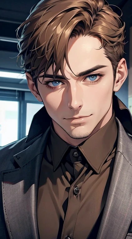 (best quality,4k,8k,highres,masterpiece:1.2),ultra-detailed,(realistic,photorealistic,photo-realistic:1.37),1 man,31 years old,mature man,very handsome,without expression,smile,short grey brown hair,blue eyes,penetrating gaze,perfect face without errors,imposing posture,businessman,office background,cinematic lighting,hdr image