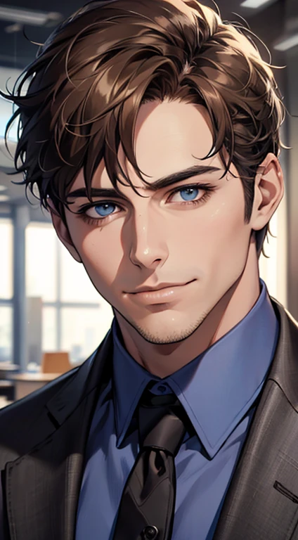 (best quality,4k,8k,highres,masterpiece:1.2),ultra-detailed,(realistic,photorealistic,photo-realistic:1.37),1 man,31 years old,mature man,very handsome,without expression,smile,short grey brown hair,blue eyes,penetrating gaze,perfect face without errors,imposing posture,businessman,office background,cinematic lighting,hdr image