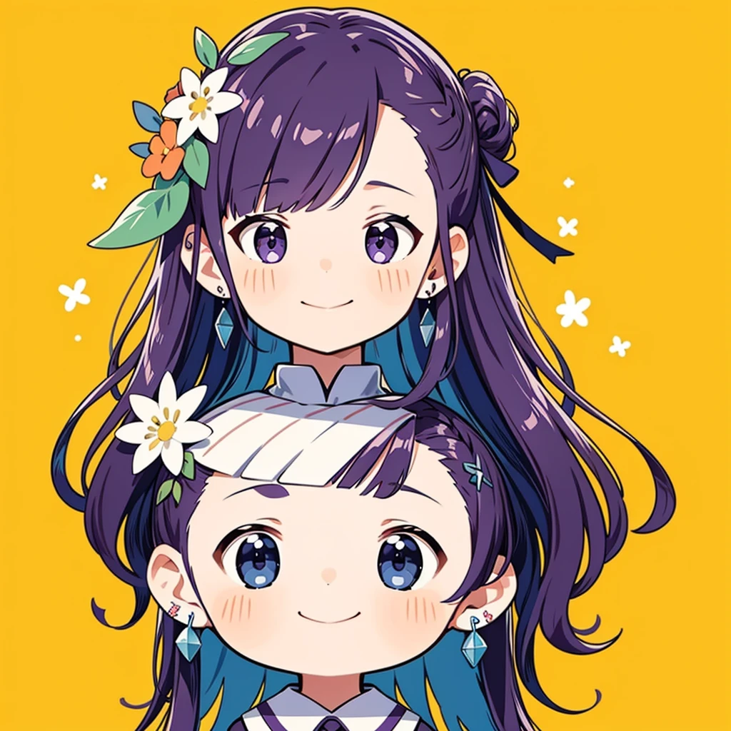 Ultra-high resolution, Hmph, Best aesthetics, Highest quality, Tabletop, Flat avatar, Perfect lighting、(colorful、Bright colors: 1.4)、outside of home.Bright-eyed girl holding cotton candy, Laughter, hair ornaments, Little, Simple Background, Purple Hair, Earrings, Xhair ornaments, gem, Side Lock, Large oval eyes,Flat avatar,  Laughter, head shot, Floral Background