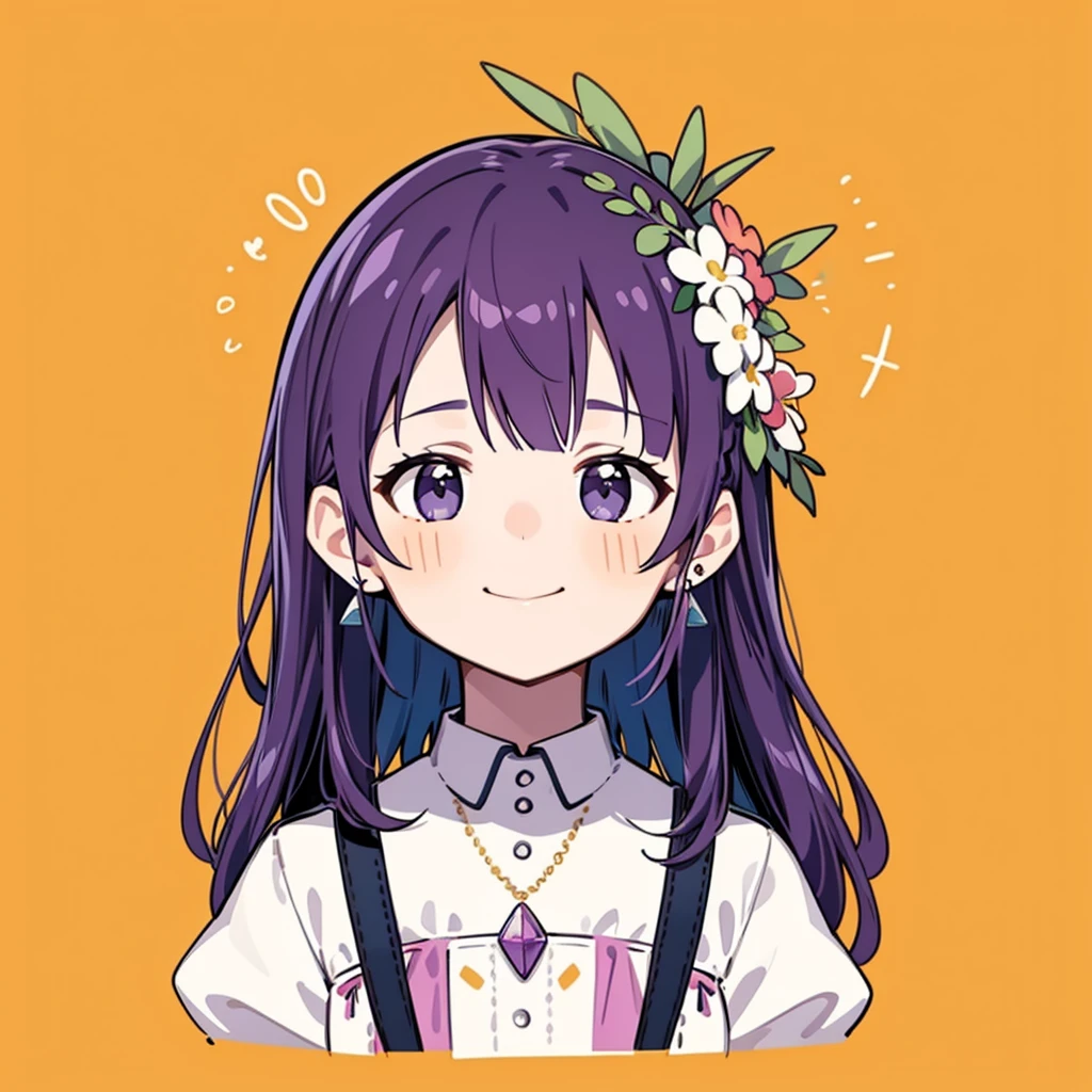 Ultra-high resolution, Hmph, Best aesthetics, Highest quality, Tabletop, Flat avatar, Perfect lighting、(colorful、Bright colors: 1.4)、outside of home.Bright-eyed girl holding cotton candy, Laughter, hair ornaments, Little, Simple Background, Purple Hair, Earrings, Xhair ornaments, gem, Side Lock, Large oval eyes,Flat avatar, Laughter, head shot, Floral Background