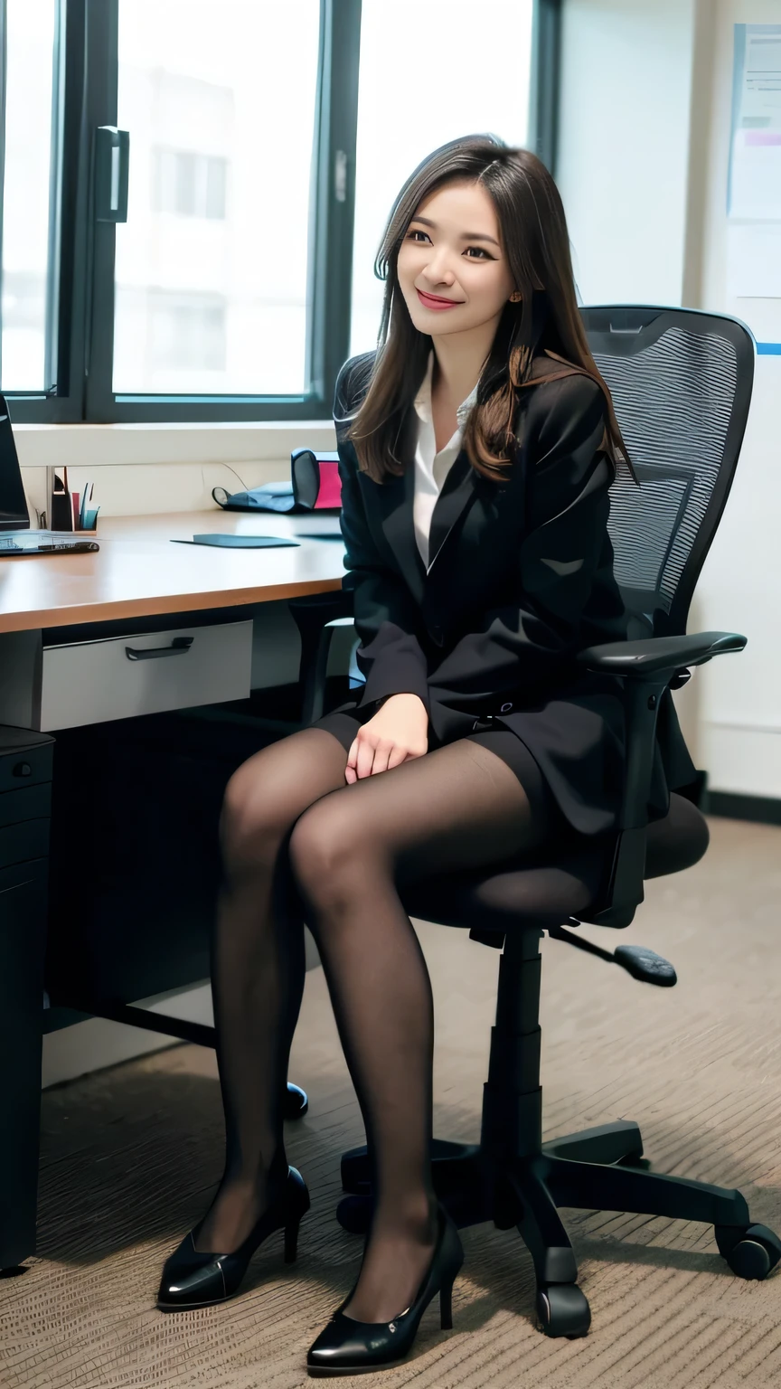 Delicate makeup cool beauty,　Accurately express the fine details of the face and skin texture,(The most beautiful face and eyes),２６Old woman、 Full body photo、Delicate skin,Looking into the camera、smile、Beautiful teeth alignment、business suit、((sit in office chair:1.3))、(Black Pantyhose:1.2), (pumps)、、 indoor, ,The background is the office
