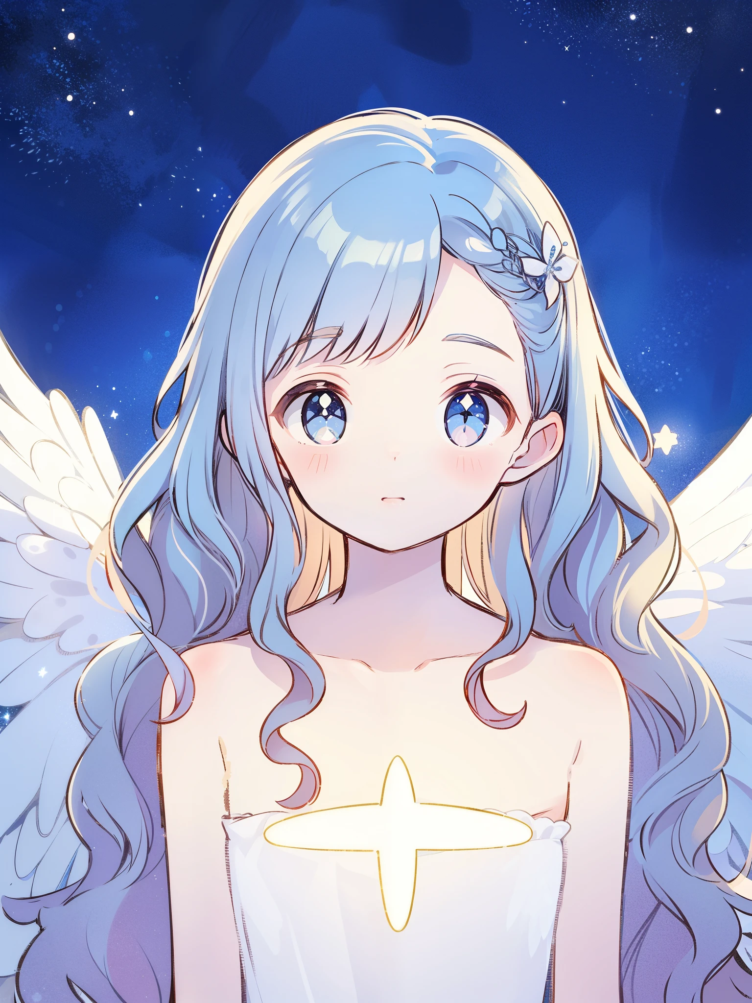 nude angel girl wearing an ethereal translucent dress, pale skin, ((blue mint wavy hair)), white feathers, angel wings, sparkling detailed eyes, golden ratio face, perfect composition, highly detailed, ethereal, (starry night sky background), midjourney style