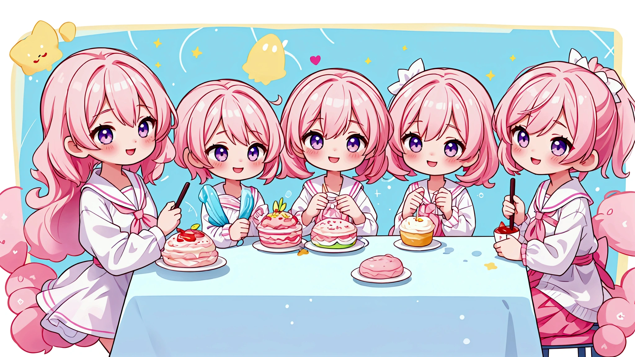 background: Soft pastel colours as the base、backgroundは無地で
キャラクター: Pink haired girl in a white dress、They seem to be having fun in the classroom and at the cafe.。Smiling with sweets in hand。
atmosphere: It's like a snapshot of youth pursuing love and dreams.、A glittering, sparkling image。