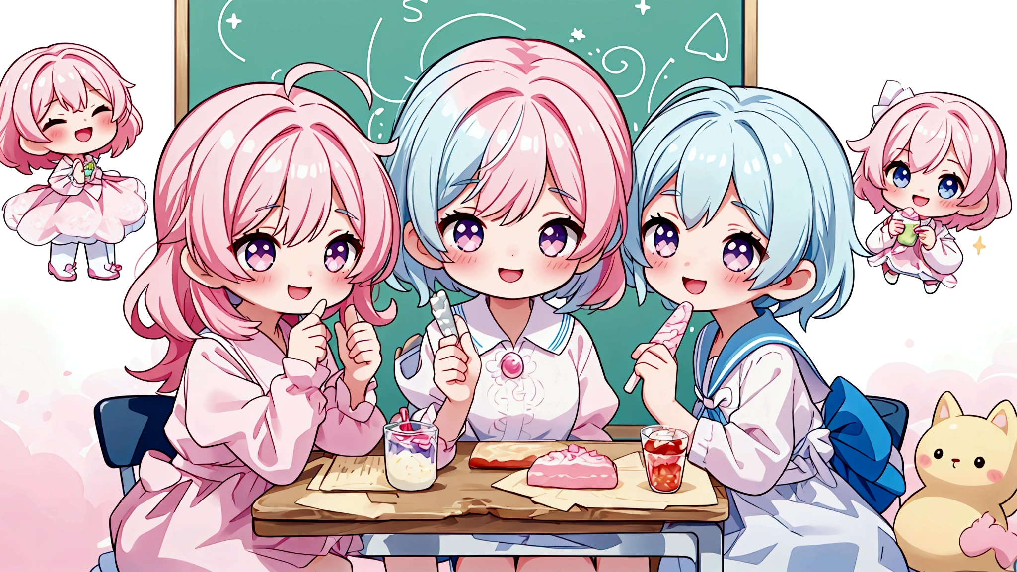 background: Soft pastel colours as the base、backgroundは無地で

キャラクター: Pink haired girl in a white dress、They seem to be having fun in the classroom and at the cafe.。Smiling with sweets in hand。

atmosphere: It&#39;s like a snapshot of youth pursuing love and dreams.、A glittering, sparkling image。