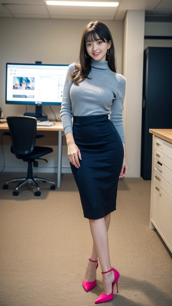 (Best Quality, Masterpiece, Photo realistic, Ultra Detailed, ultra high res, raw:1.3), (5 girls, group shot), beautiful, Japanese, mature, 28yo, office workers, ({gold| silver| wine red| blue| navy| pink} clothes:1.3), (turtle neck knit, pencil skirt), (smile), long hair, bangs, high-waist, necklace, (at IT office), (long legs, high heels, full body:1.2), (big breasts:1.3), (crowd)