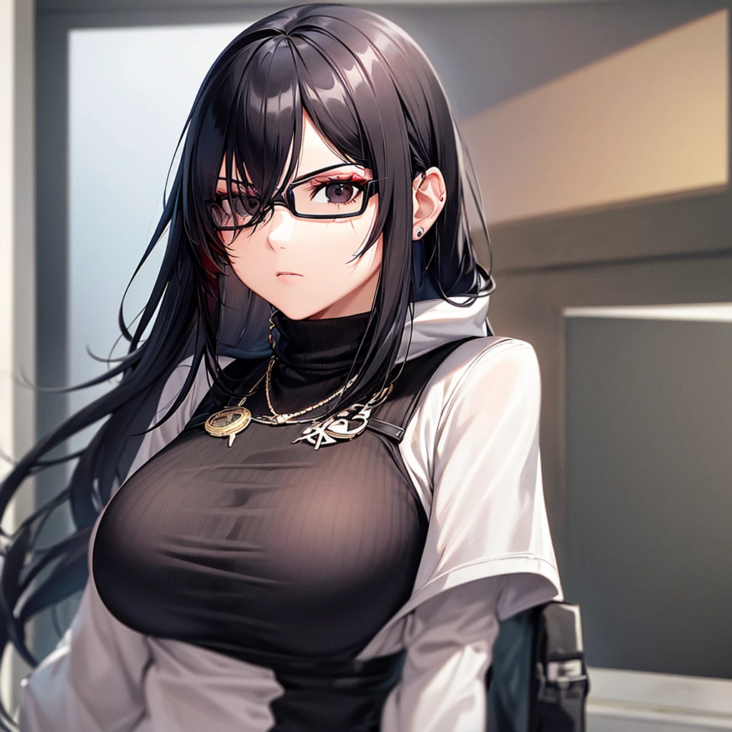 screenshot, screencap, facial features of an adult, Black eyes, adult, female, She wears flat Oakley glasses, she has long wavy Black hair with Red streaks at the ends, she has a little eyeliner on her eyelashes, She wears accessories such as: earrings, necklaces all silver, she has a neutral expression, She wears a black polyester turtleneck.
