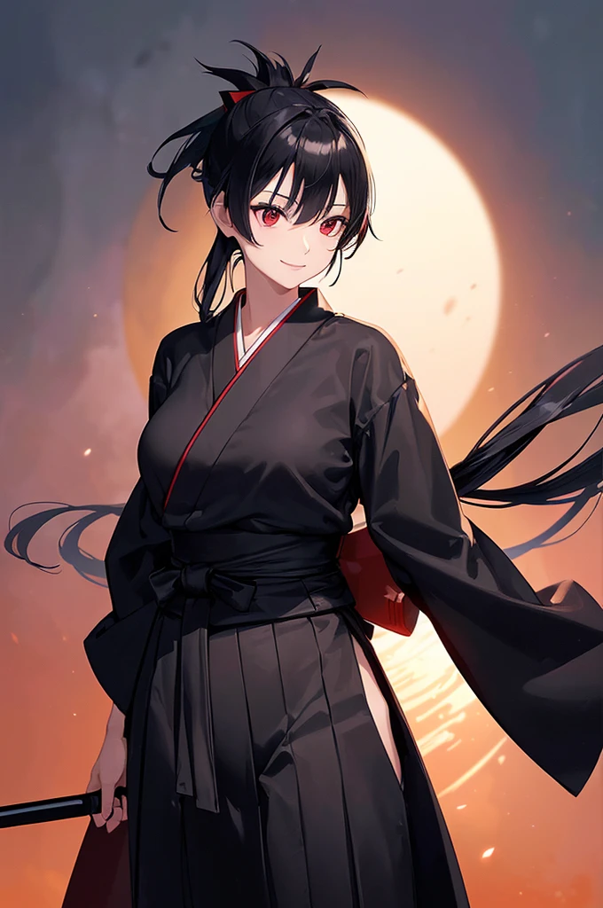 (masterpiece; best quality: 1.2), (finely detailed eyes: 1.3), ((25 year old woman)), ((solo)), (red eyes: 1.4), (body; lithe, slender, femenine: 1.3), (black hair in ponytail: 1.3), (beautiful and clear background: 1.2), ((depth of field)), (clothes: ronin attire + black hakama + black sash: 1.3), (anime illustration: 1.2), (background composition; kendo dojo + night time: 1.1), (extremely fine and beautiful: 1.1), (shot composition; standing + centered on torso + close-up: 1.5), (expression; calm, smile: 1.2)