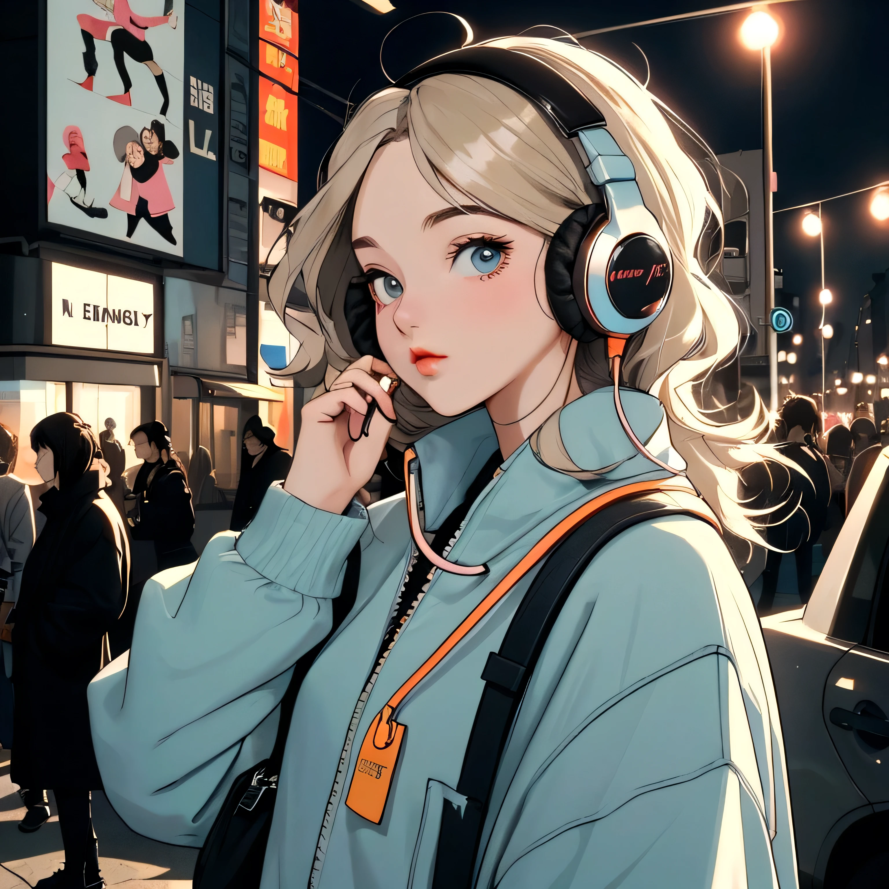 Street fashion girl　Headphones　LOFI Retro　Stylish　１９８０s　City　evening