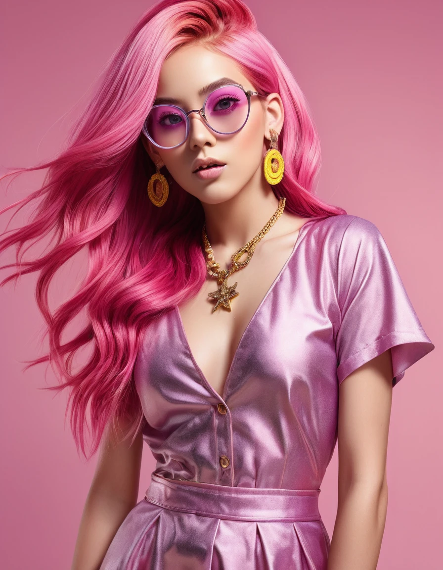 (photorealistic:1.4), best quality, masterpiece, ultra high res, 1girl, (detailed face:1.2), (detailed eyes:1.2), (detailed long pink hair:), (detailed clothes:1.2), 4k, (detailed color:1.2), glasses, earring, pink hair,yellow background,shadow effect,rockstar dress,dynamic posing.wide angle shot