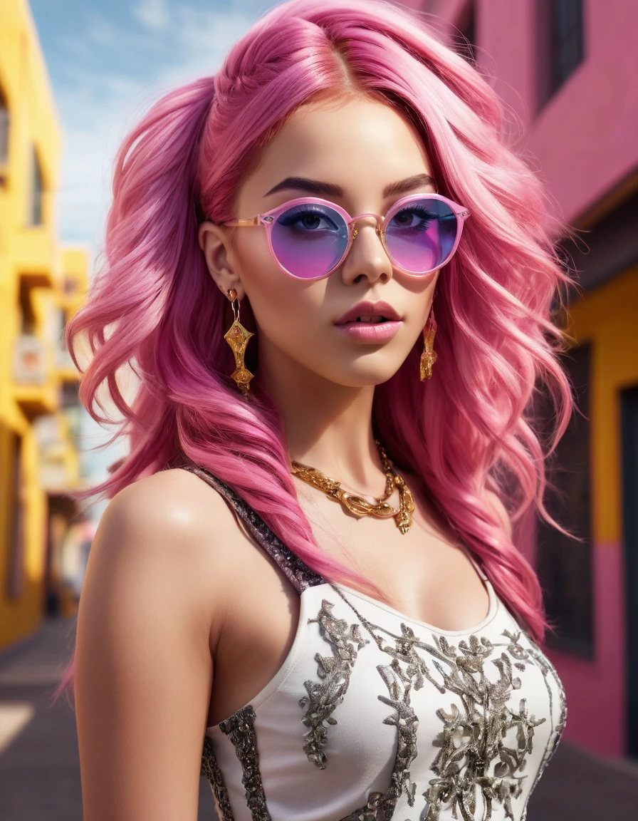 (photorealistic:1.4), best quality, masterpiece, ultra high res, 1girl, (detailed face:1.2), (detailed eyes:1.2), (detailed long pink hair:), (detailed clothes:1.2), 4k, (detailed color:1.2), glasses, earring, pink hair,yellow background,shadow effect,rockstar dress,dynamic posing.wide angle shot