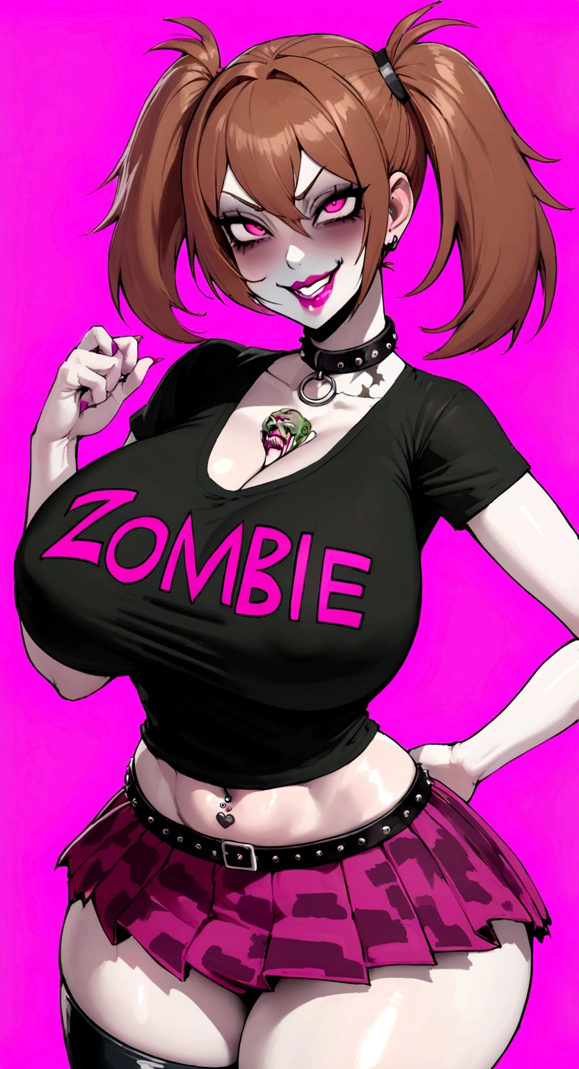 big lips, Brown hair, pink eyes, japanese face, improve, improve grin, two sides up, ????????????, Wide ????, ????, detailed, pink room, Hits, (evil smile1.4), kawaii, pleated skirt, punk, GOOD, zombie costume, zombie shirt, zombie choker, zombie skirt, dezombie shirt,navel piercing