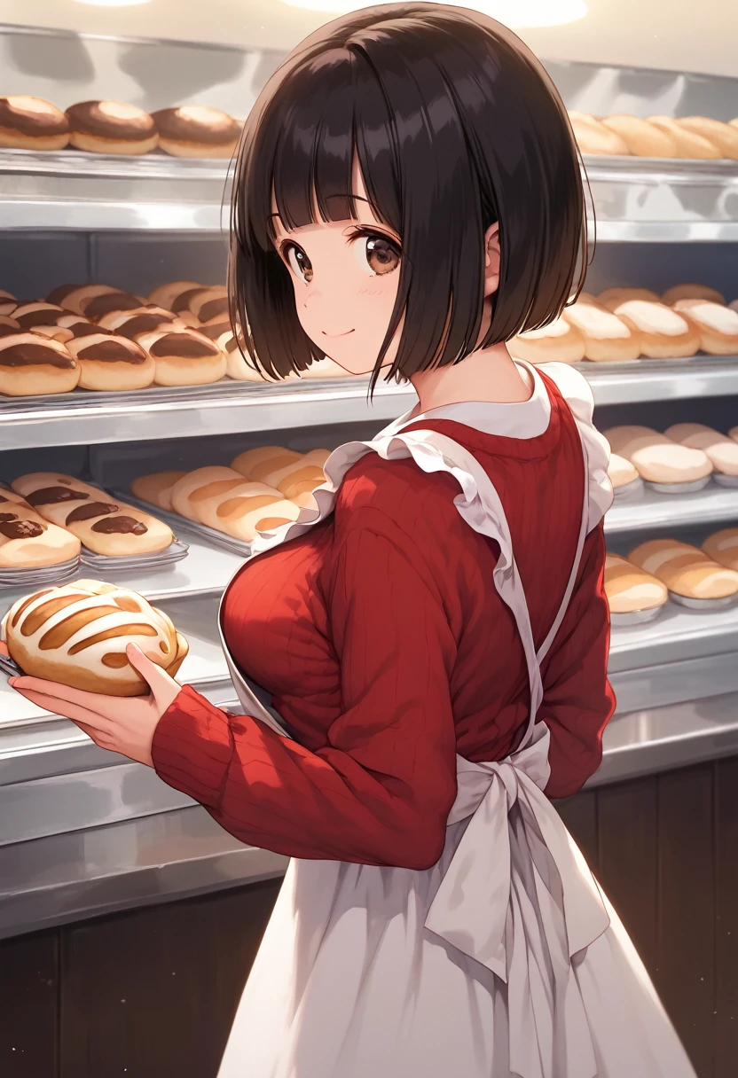 score_9,score_8_up,score_7_up,masterpiece,best quality, source anime, realistic, super detailed, extreme detailed, rating_safe,
1girl, solo, 22yo, short hair, bob cut, (blunt bangs), black hair, (tareme, detailed cute brown eyes), curled eyelashes, (large breasts:0.9),
shiny hair, beautiful detailed eyes, beautiful face,
store waitress, apron, sweater, skirt, neat, sales girl,
smile, Pretty girl who attracts customers,
bakery,