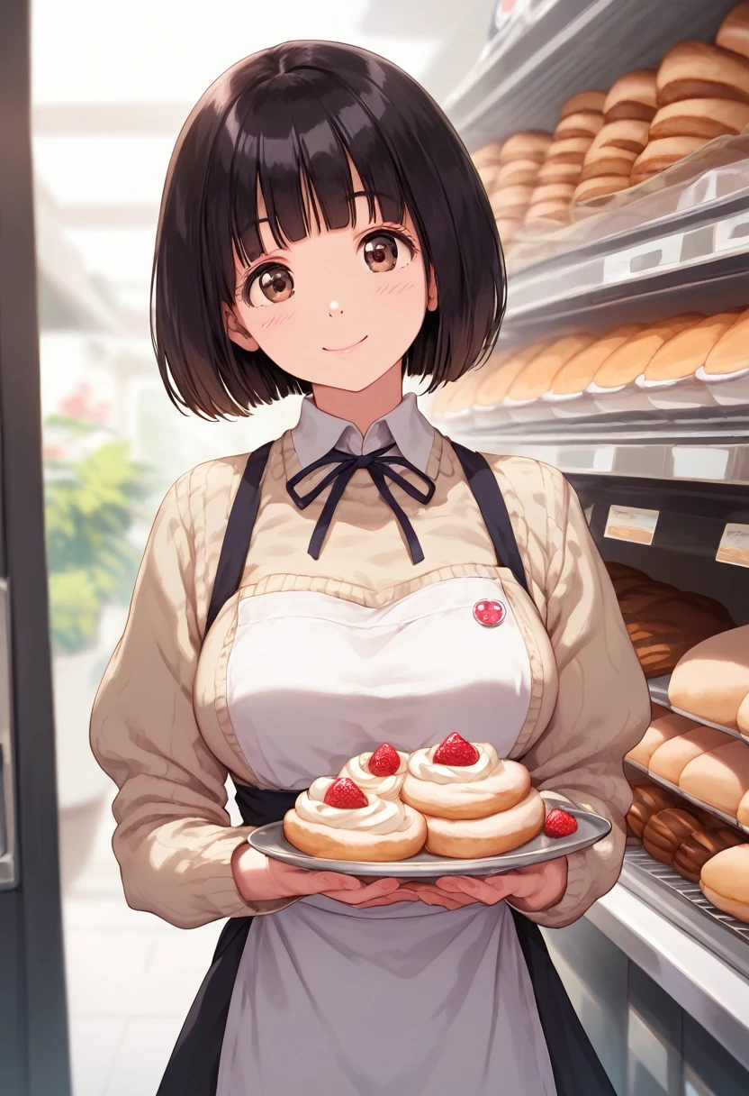 score_9,score_8_up,score_7_up,masterpiece,best quality, source anime, realistic, super detailed, extreme detailed, rating_safe,
1girl, solo, 22yo, short hair, bob cut, (blunt bangs), black hair, (tareme, detailed cute brown eyes), curled eyelashes, (large breasts:0.9), 
shiny hair, beautiful detailed eyes, beautiful face,
store waitress, apron, sweater, skirt, neat, sales girl, 
smile, Pretty girl who attracts customers,
bakery,