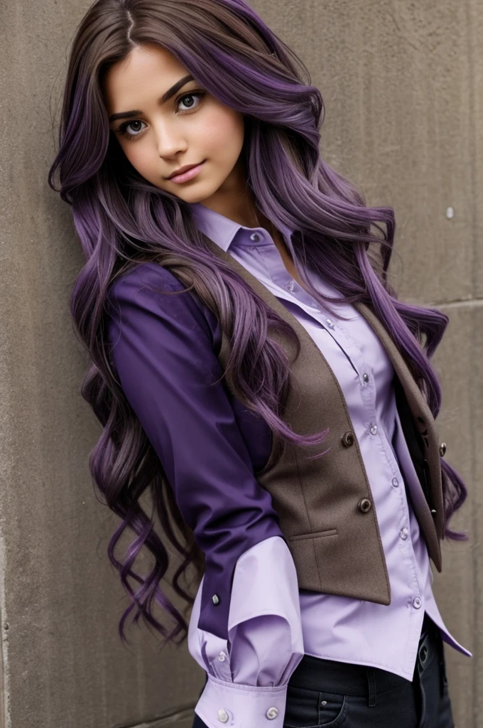 Marivel comics style Girl with long brown hair with purple tips, purple eyes, light brown skin, wearing a navy blue waistcoat and a gray formal shirt