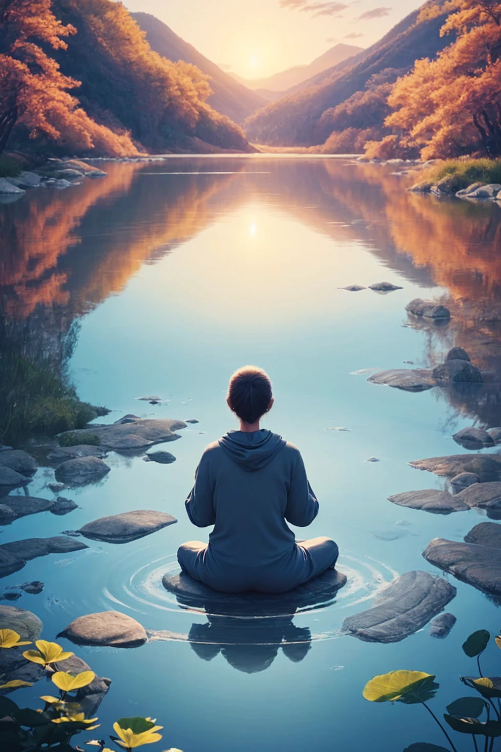 For Olivia Serenity《Mindfulness Mastery》Create an inspiring book cover. Reflecting the transformative practice of mindfulness with serene visuals. Contains elements that convey inner peace, Such as peaceful scenery or symbols. Design a cover that resonates with themes of self-discovery and happiness