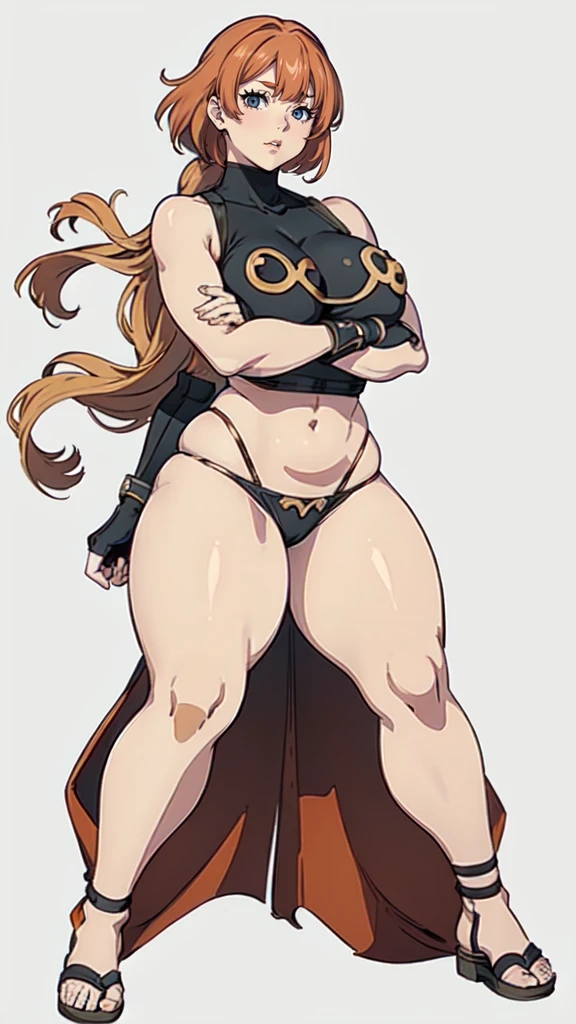 (masterpiece), best quality, female warrior, huge girl, female muscular:1.2, hair over one eye, ginger hair, massive breast, curvy, ((thick thighs:1.5)), (((blank background))), ((full body)), fingerless gloves, sandals, sleeveless, covered nipples, (underboobs:1.3), medium hair, thin hair, (crossed arms)