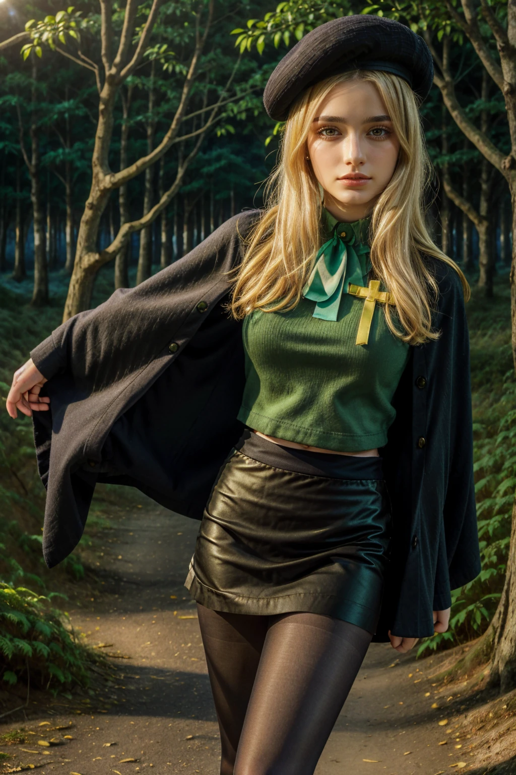 1 girl, best quality, ((Miyo)), tarankaaa, perfect face, beautiful smile, 30 years old, ((ascot,uniform, black skirt, cross, ribbon, gold blonde hair, emerald, beret, cape, pantyhose, shirt cover the skirt)), ((perfectly drawn hands)), perfect body, bare tree, bush, fog, forest, grass, nature, outdoors, plant, scenery, solo, standing, tree, 32k photograph, ((perfect eyes, detailed eyes,realistic eyes)), ((sharp face, detailed face, realistic face, natural skin, realistic skin, detailed skin, pores)), full body, tone mapping, asian-european, ((masterpiece)), ((highres)), ((detailed background)), japanese village background, night, big proportions, (abdomen is covered)