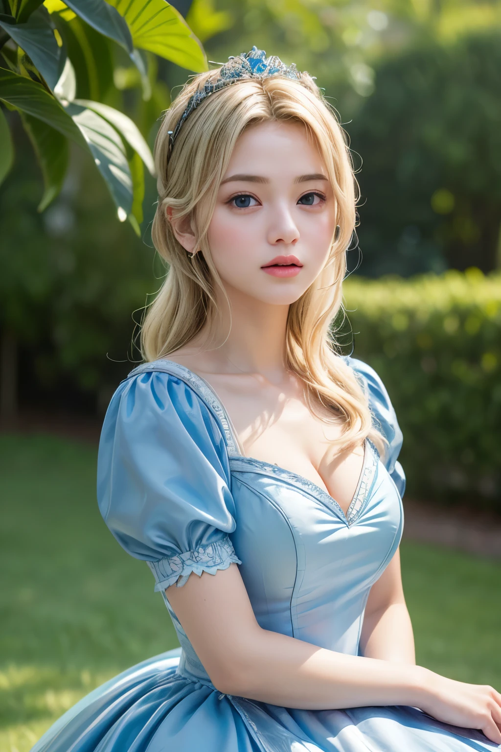 Top Quality, Masterpiece, Ultra High Resolution, (Photorealistic: 1.4), Raw Photo, 1 Girl, Blonde Hair, Glossy Skin, (((Ultra Realistic Details)), Portrait, Global Illumination, Shadows, Octane Rendering, 8K, Ultra Sharp, Intricate Ornaments Details, realistic skin, sweat effect,   very intricate detail, realistic light, CGSoation trend, brown eyes, glowing eyes, disney cinderella royal gown