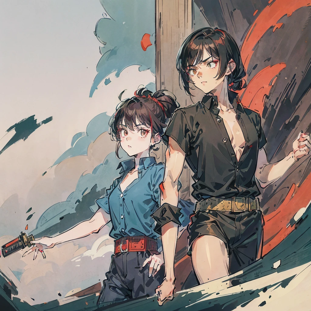 A boy with black hair and red locks in a mafia suit, a gun, brown eyes and white skin.
Next to the boy, a girl with dark brown hair (too much), green eyes and white skin, blue locks, matching black blouse and shorts, loose hair, not too short and bangs and holding a bat