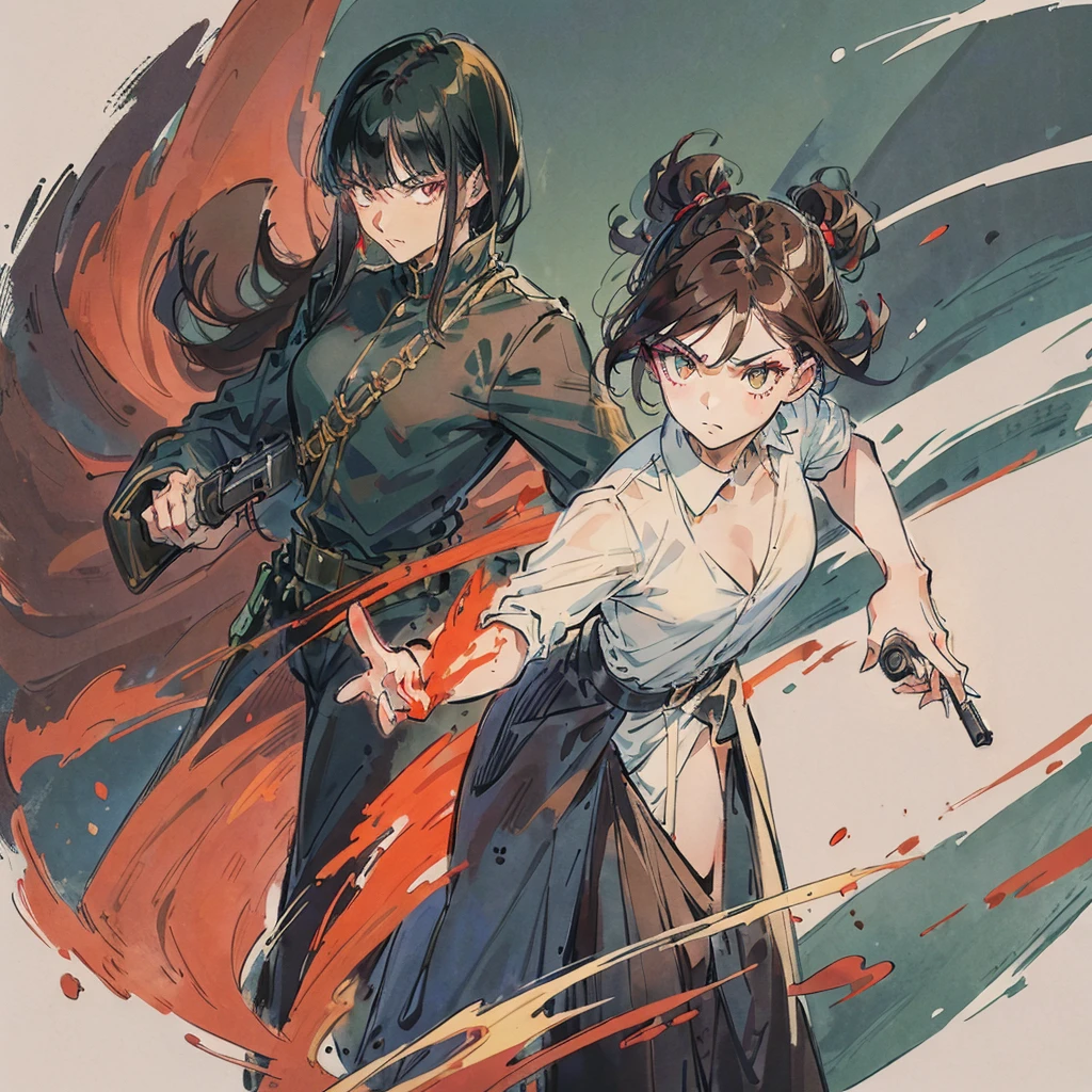 A boy with black hair and red locks in a mafia suit, a gun, brown eyes and white skin.
Next to the boy, a girl with dark brown hair (too much), green eyes and white skin, blue locks, matching black blouse and shorts, loose hair, not too short and bangs and holding a bat